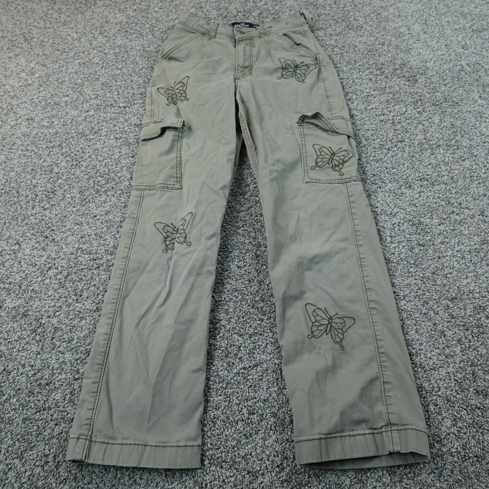 Hollister Pants Womens 23 Green Cargo High Rise Embroidered Butterfly Stretch